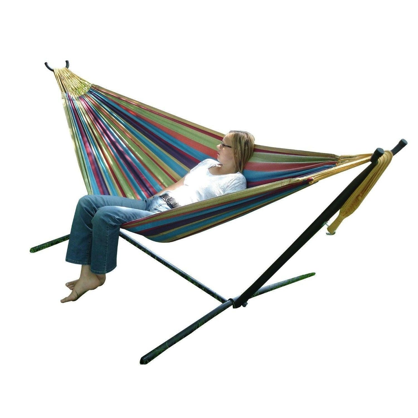 Tropical Fabric Double Hammock with 9-Foot Steel Stand - FurniFindUSA