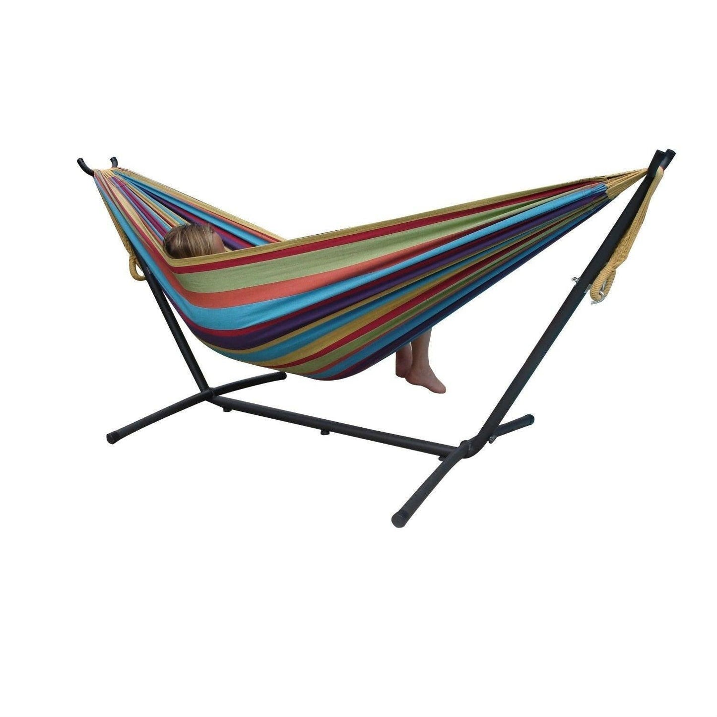 Tropical Fabric Double Hammock with 9-Foot Steel Stand - FurniFindUSA