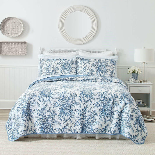 King size 3 Piece Bed-in-a-Bag Reversible Blue White Floral Cotton Quilt Set - FurniFindUSA