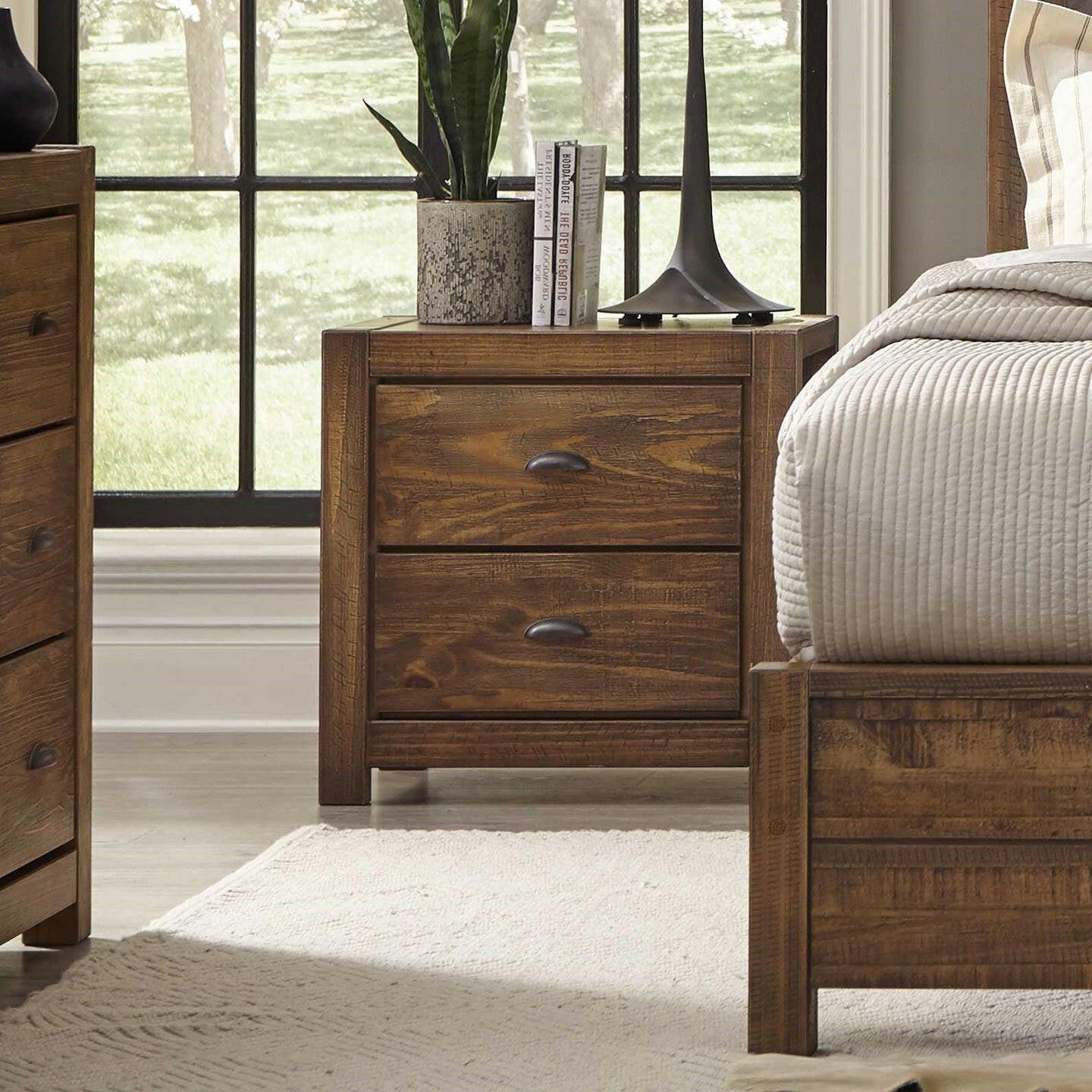 Farmhouse Style Solid Pine Wood 2-Drawer Nightstand Bedside Table in Walnut - FurniFindUSA