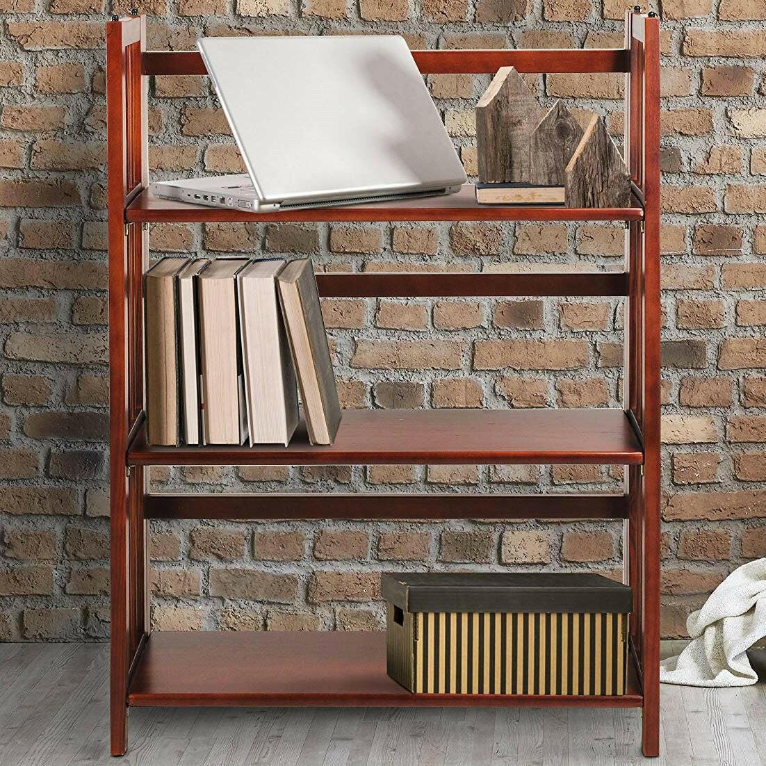 3-Shelf Folding Storage Shelves Bookcase in Walnut Wood Finish - FurniFindUSA