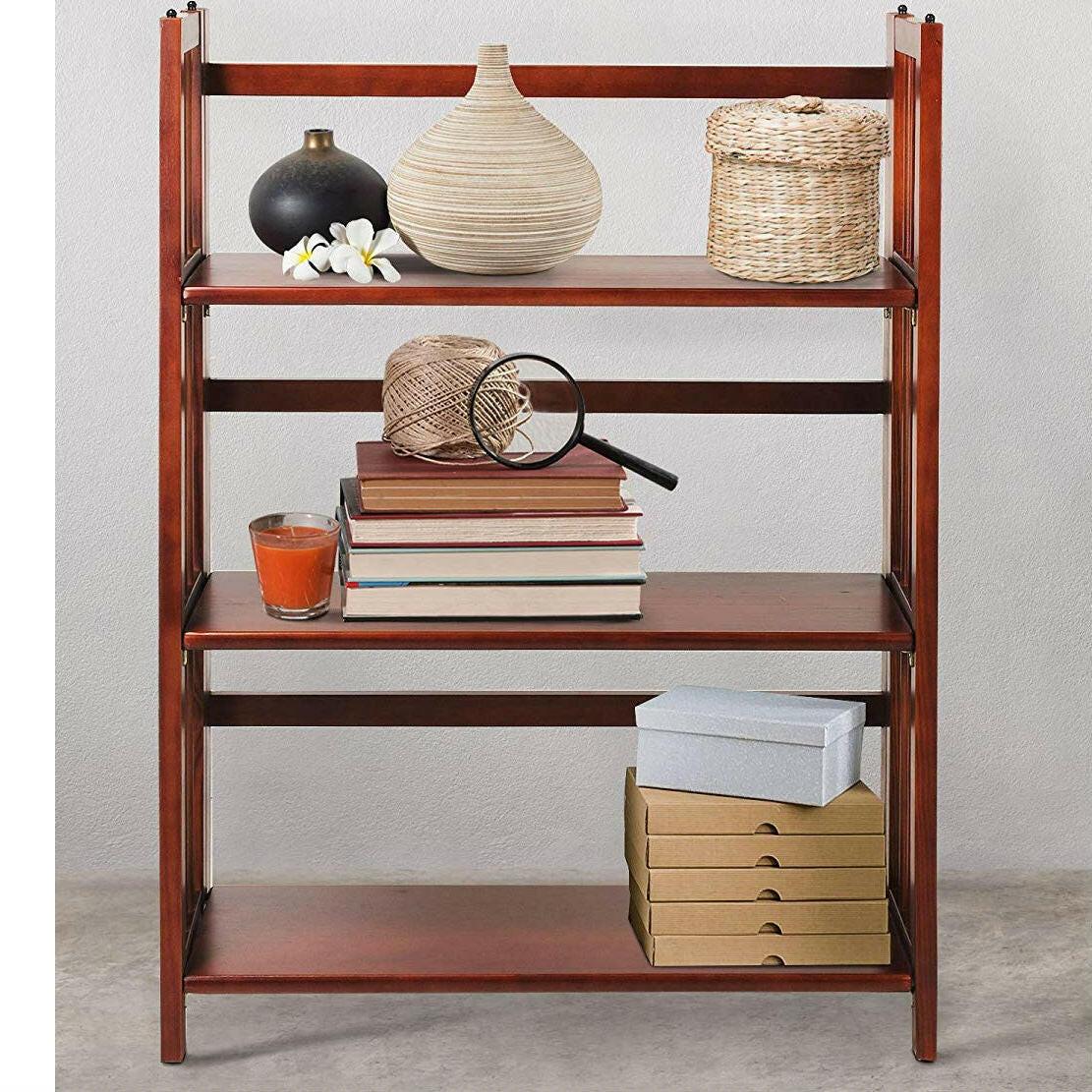 3-Shelf Folding Storage Shelves Bookcase in Walnut Wood Finish - FurniFindUSA