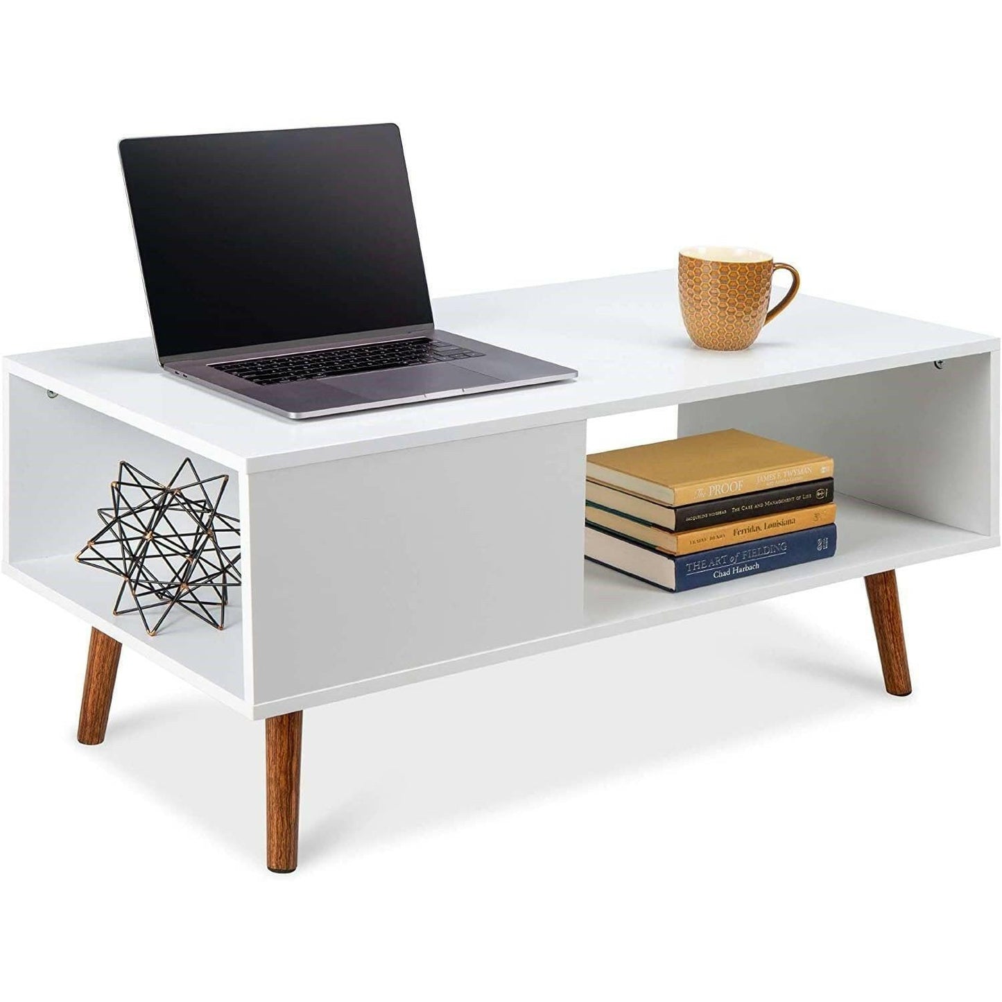 Modern Mid-Century Style Coffee Table Living Room Storage in White Brown Wood - FurniFindUSA