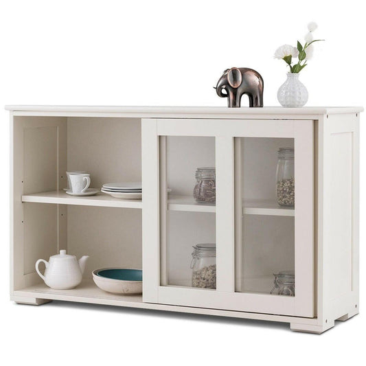 Modern White Wood Buffet Sideboard Cabinet with Glass Sliding Door - FurniFindUSA