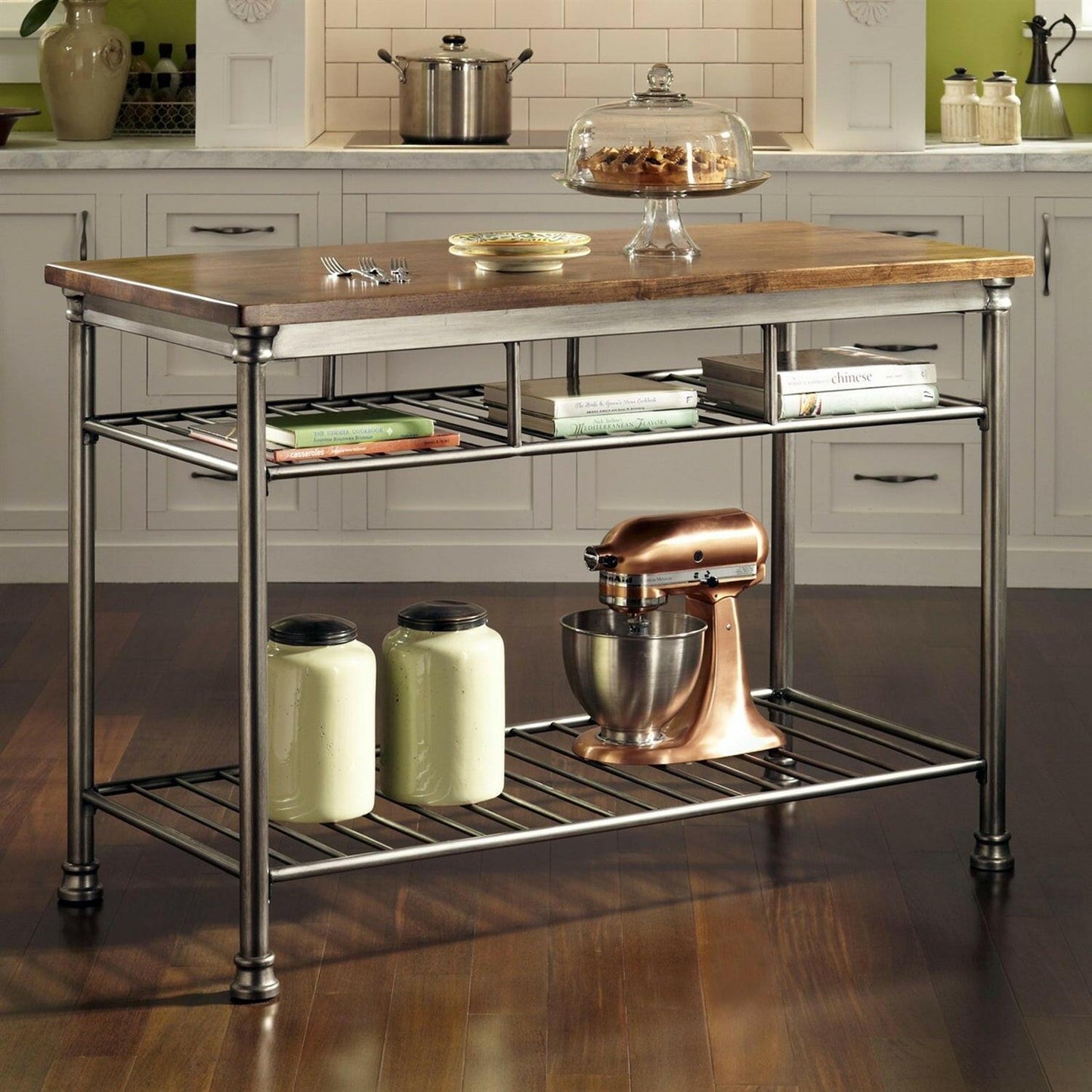 Classic French Style Hardwood Butcher Block Top Metal Kitchen Utility Table - FurniFindUSA