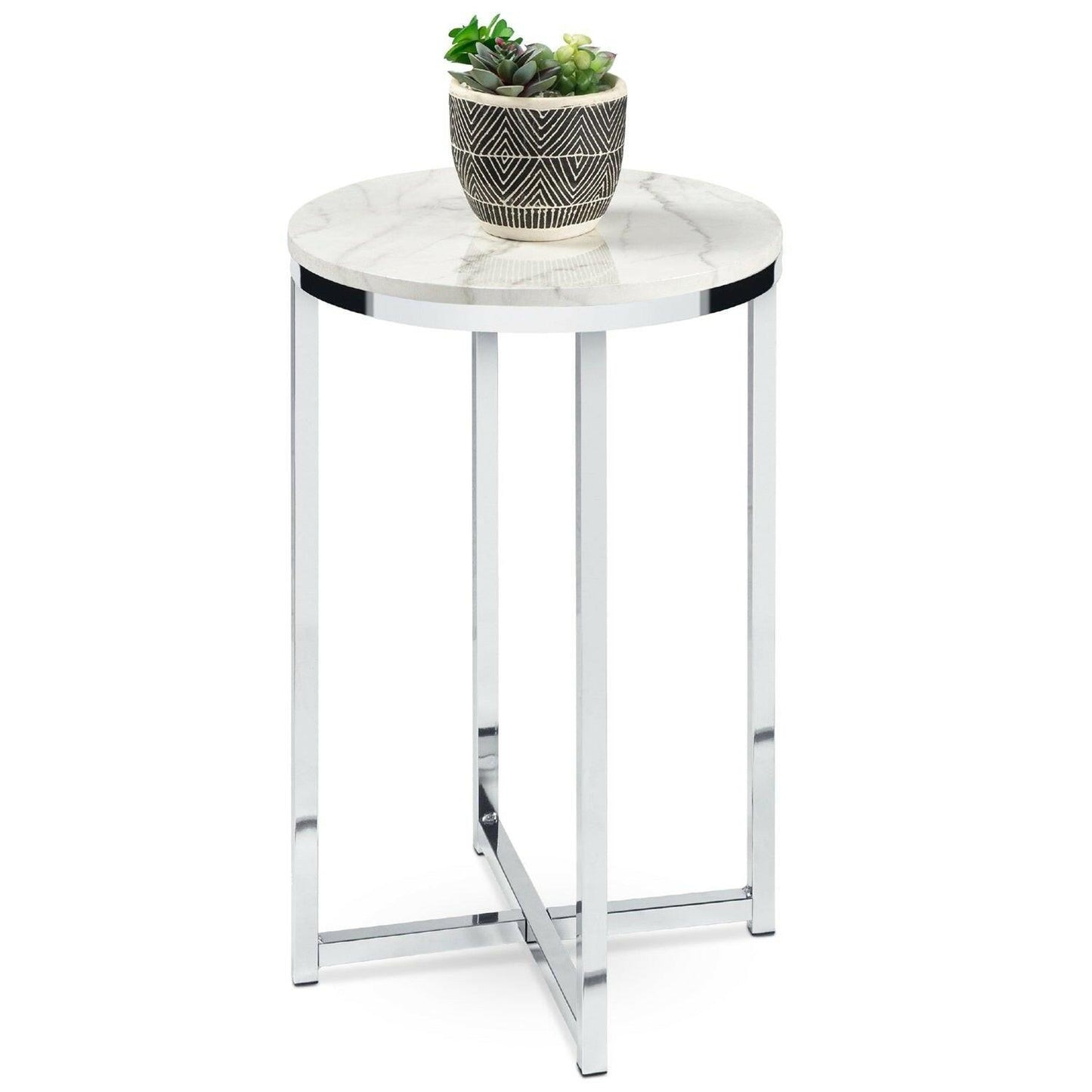 Round Cross Leg Design Coffee Side Table Nightstand with Faux Marble Top White/Chrome - FurniFindUSA