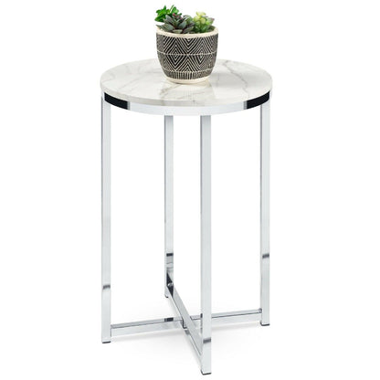 Round Cross Leg Design Coffee Side Table Nightstand with Faux Marble Top White/Chrome - FurniFindUSA