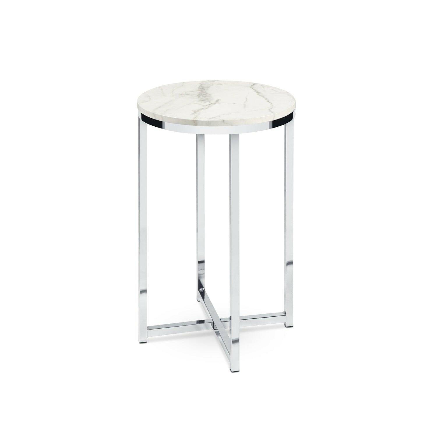 Round Cross Leg Design Coffee Side Table Nightstand with Faux Marble Top White/Chrome - FurniFindUSA