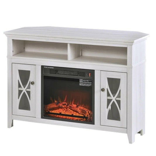 Rustic White Electric Fireplace Mantel TV Stand w/ Adjustable Shelves 2 Storage Cabinets - FurniFindUSA