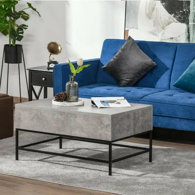 Modern Grey Lift Top Coffee Table w/ Hidden Storage Black Metal Legs - FurniFindUSA