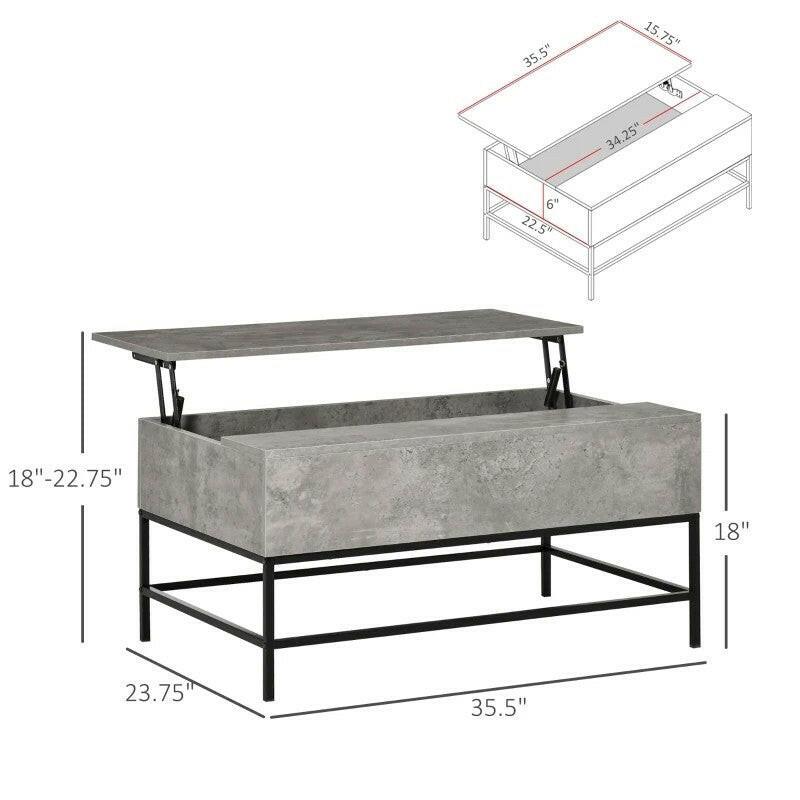 Modern Grey Lift Top Coffee Table w/ Hidden Storage Black Metal Legs - FurniFindUSA