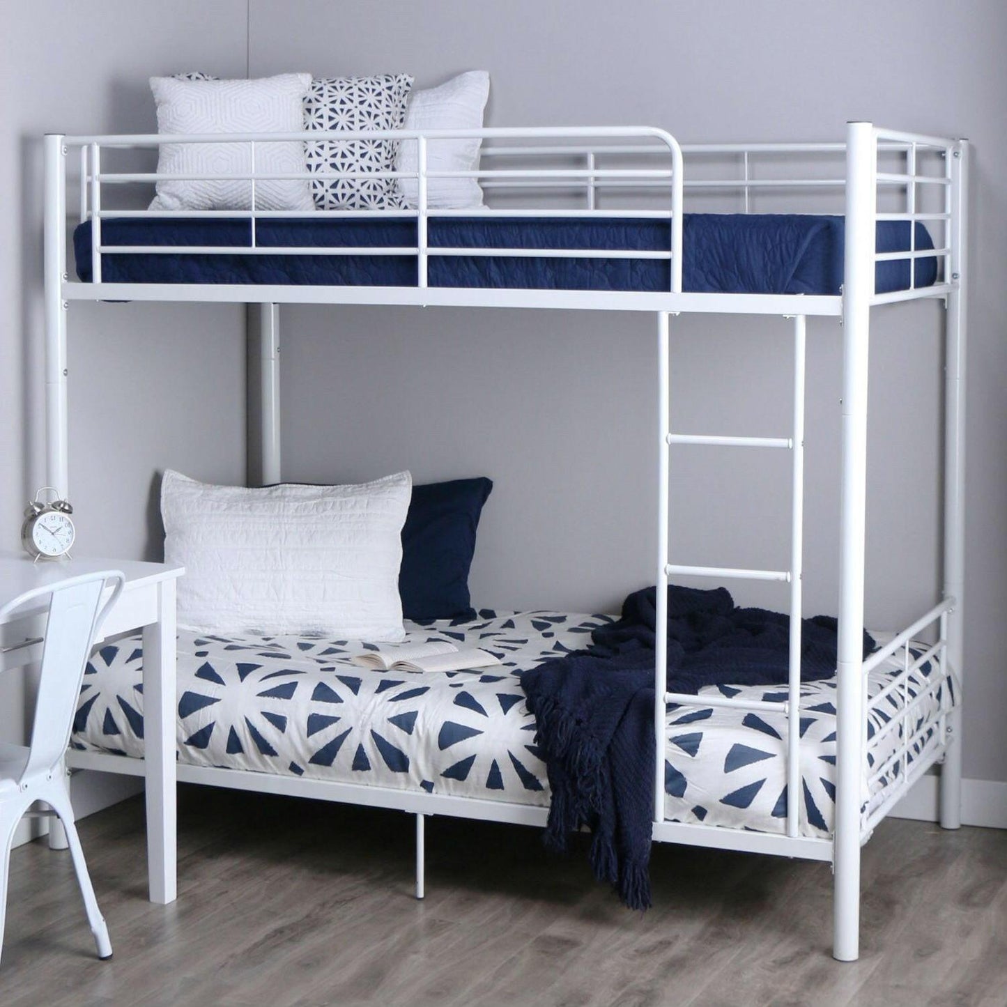 Twin over Twin Sturdy Steel Metal Bunk Bed in White Finish - FurniFindUSA