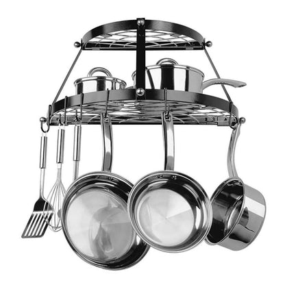 Modern Wall Mounted Enameled Double Shelf Pot Rack in Black - FurniFindUSA