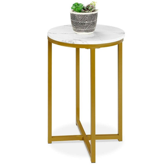 Round Cross Leg Design Coffee Side Table Nightstand with Faux Marble Top White/Gold - FurniFindUSA