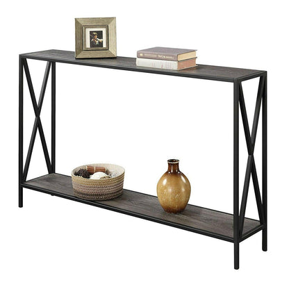 Weathered Grey Wood Console Sofa Table with Bottom Shelf and Metal Frame - FurniFindUSA