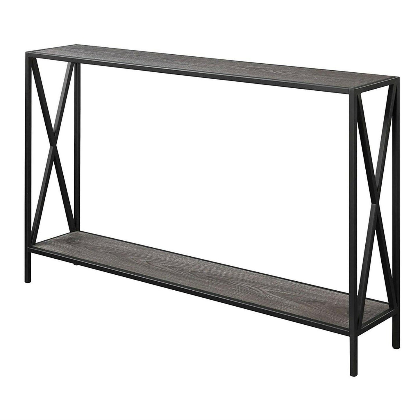 Weathered Grey Wood Console Sofa Table with Bottom Shelf and Metal Frame - FurniFindUSA