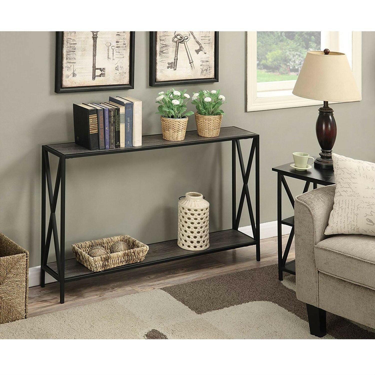 Weathered Grey Wood Console Sofa Table with Bottom Shelf and Metal Frame - FurniFindUSA
