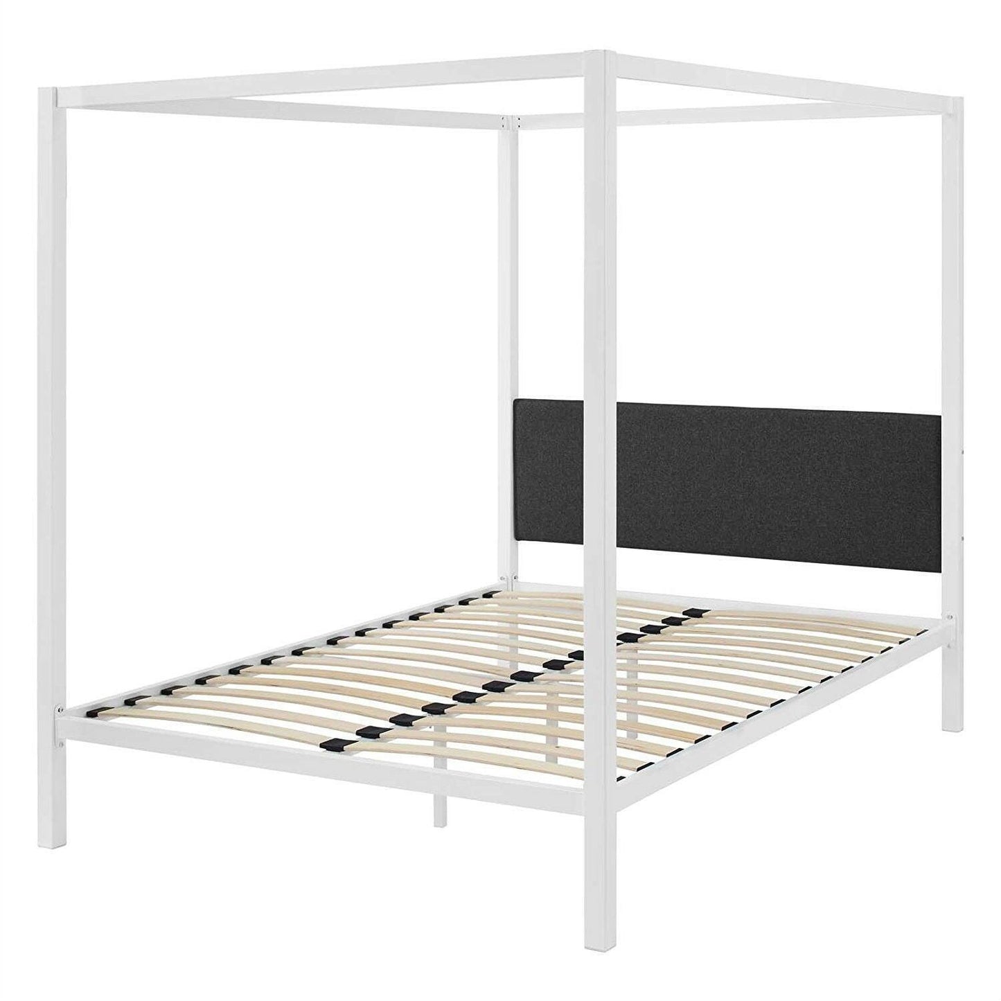 Queen size White Metal Canopy Bed Frame with Grey Fabric Upholstered Headboard - FurniFindUSA