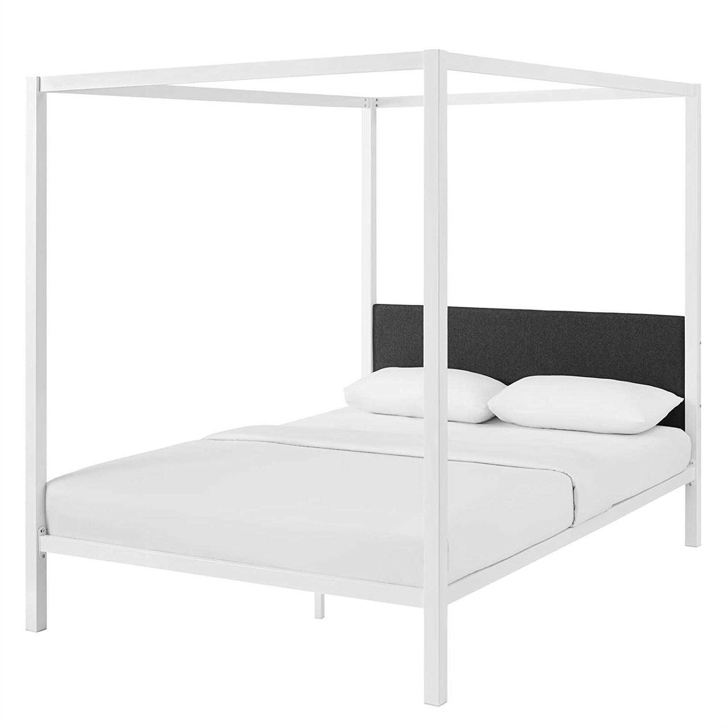 Queen size White Metal Canopy Bed Frame with Grey Fabric Upholstered Headboard - FurniFindUSA