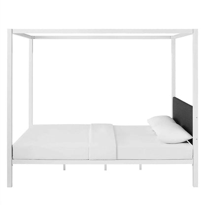 Queen size White Metal Canopy Bed Frame with Grey Fabric Upholstered Headboard - FurniFindUSA