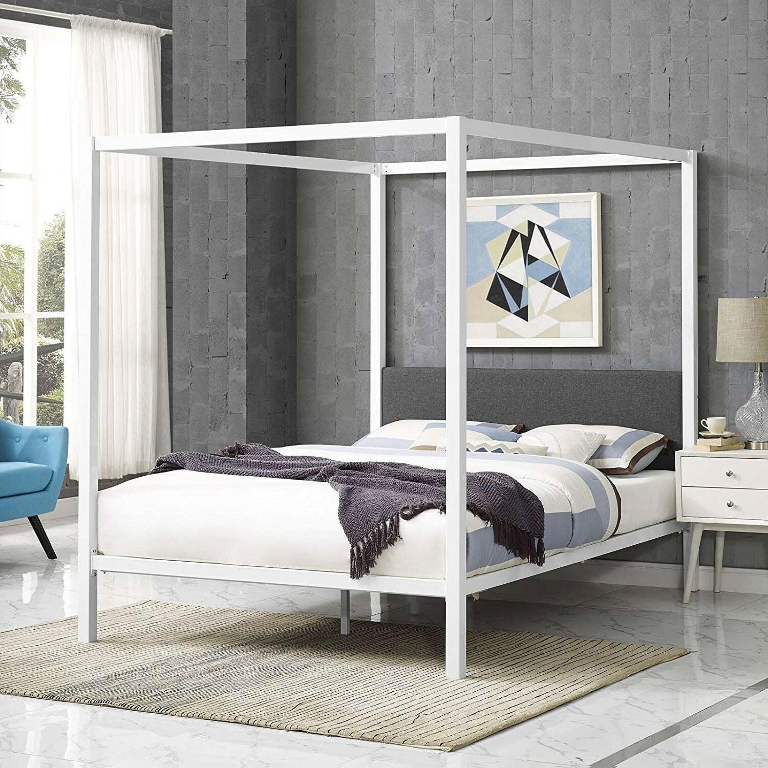 Queen size White Metal Canopy Bed Frame with Grey Fabric Upholstered Headboard - FurniFindUSA