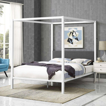 Queen size White Metal Canopy Bed Frame with Grey Fabric Upholstered Headboard - FurniFindUSA