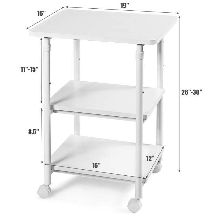 White Multifunction Adjustable Height 3-tier Printer Stand on Wheels - FurniFindUSA