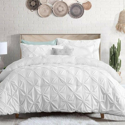 Full/Queen Size All Season Pleated Hypoallergenic Microfiber Reversible 3 Piece Comforter Set in White - FurniFindUSA