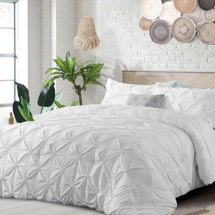 Full/Queen Size All Season Pleated Hypoallergenic Microfiber Reversible 3 Piece Comforter Set in White - FurniFindUSA