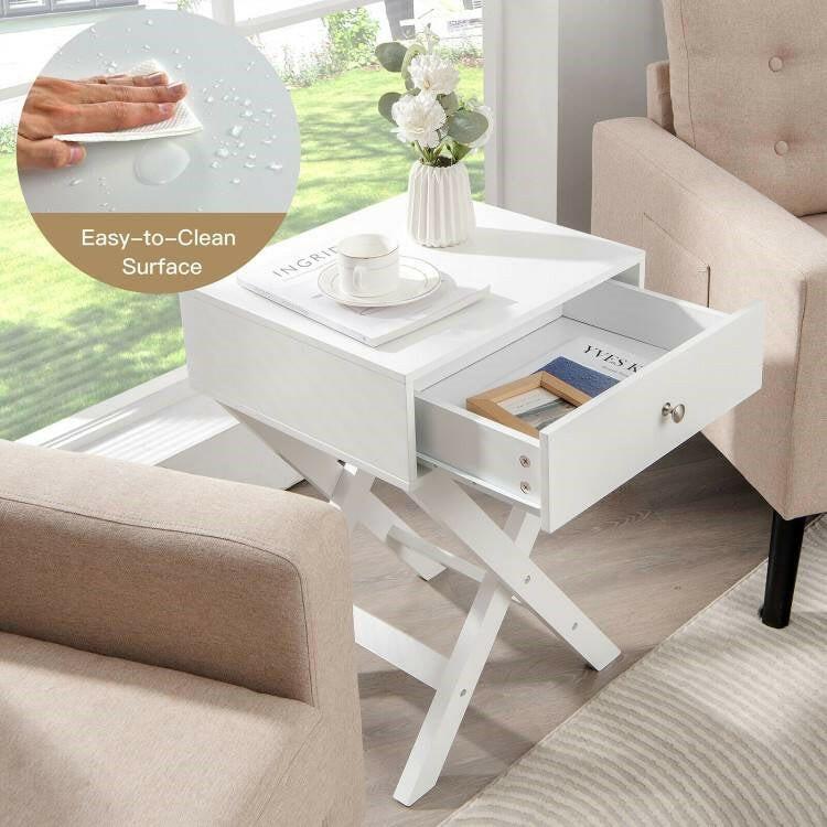 X-Shape 1 Drawer Nightstand End/Side Table Storage in White - FurniFindUSA