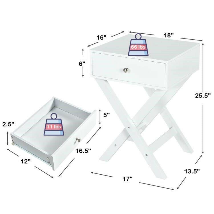 X-Shape 1 Drawer Nightstand End/Side Table Storage in White - FurniFindUSA