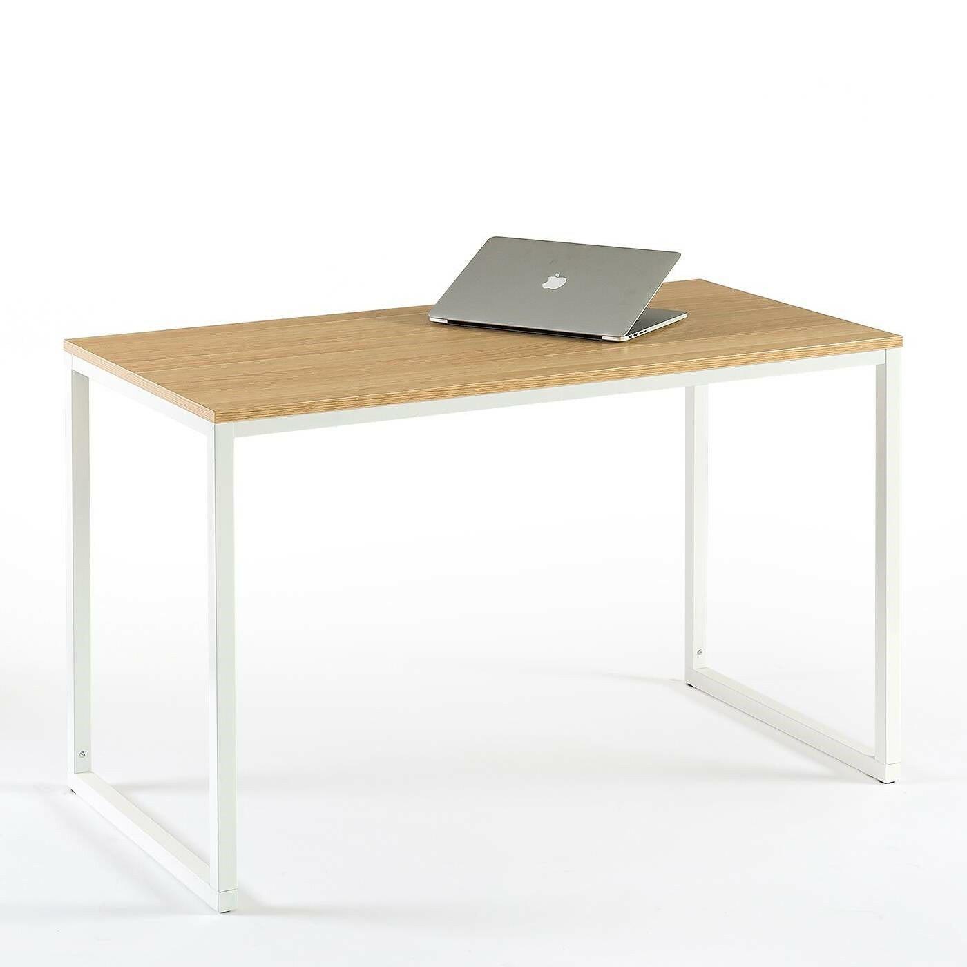 Modern Home Office Desk with White Metal Frame and Wood Table Top - FurniFindUSA