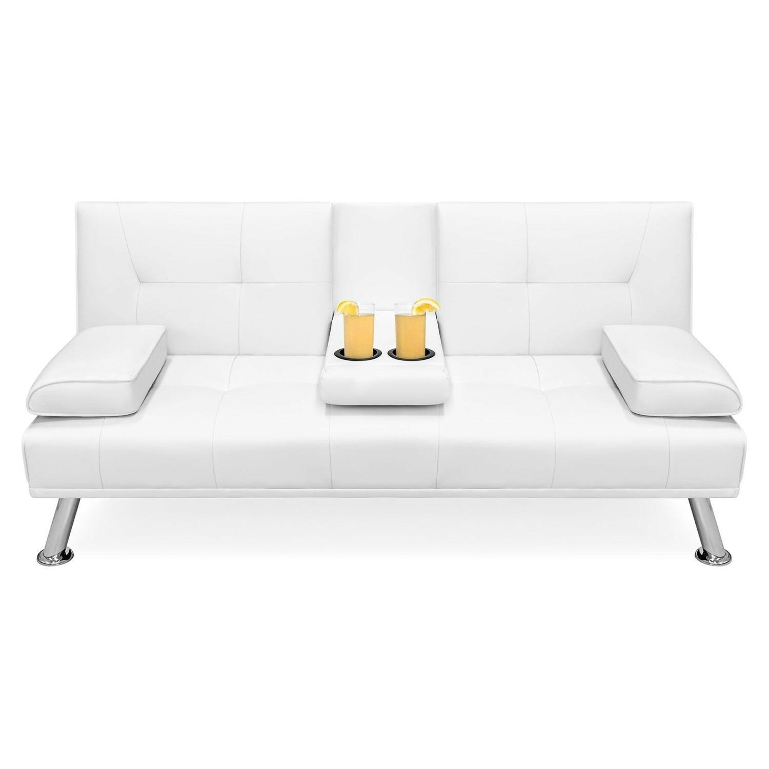 White Faux Leather Convertible Sofa Futon with 2 Cup Holders - FurniFindUSA