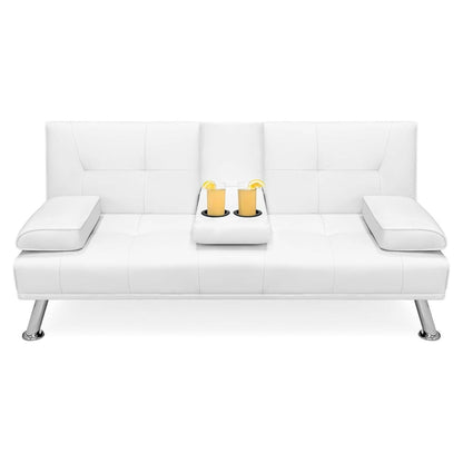 White Faux Leather Convertible Sofa Futon with 2 Cup Holders - FurniFindUSA