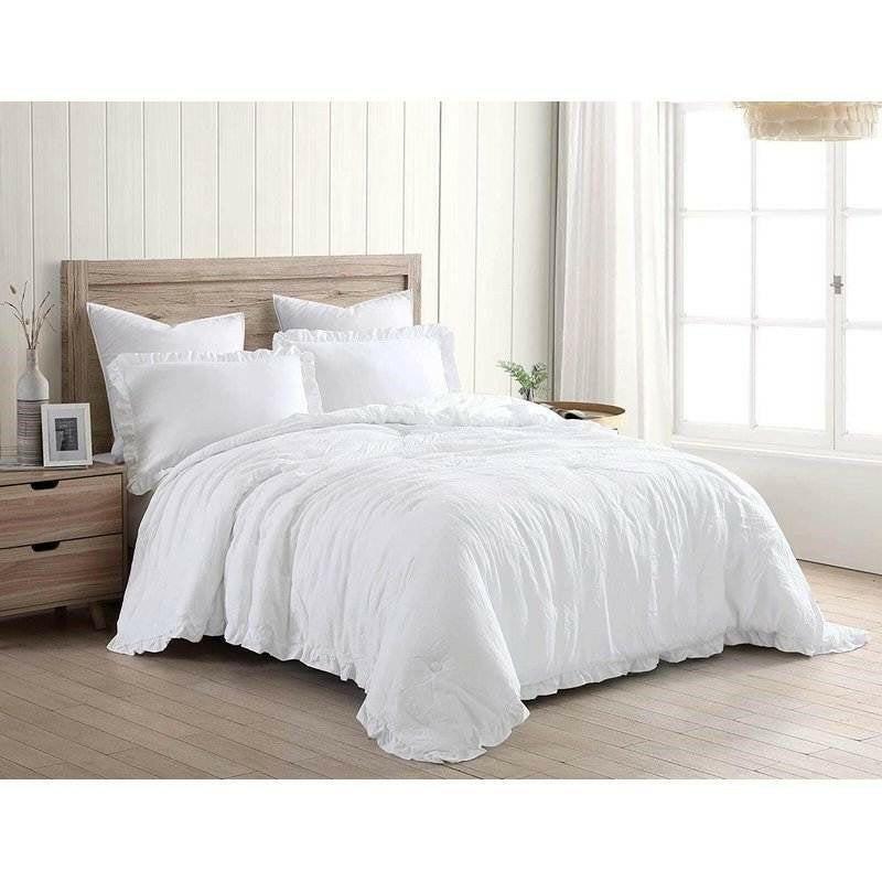 Full Size White Stone Washed Ruffled Edge Microfiber Comforter Set - FurniFindUSA