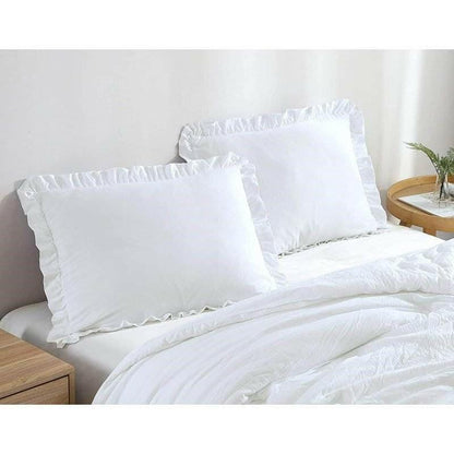 Full Size White Stone Washed Ruffled Edge Microfiber Comforter Set - FurniFindUSA