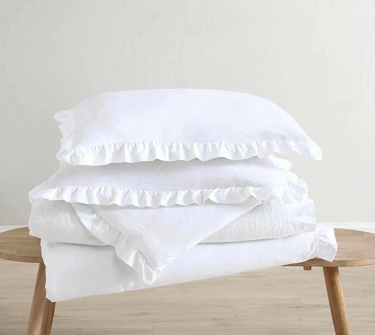 Full Size White Stone Washed Ruffled Edge Microfiber Comforter Set - FurniFindUSA