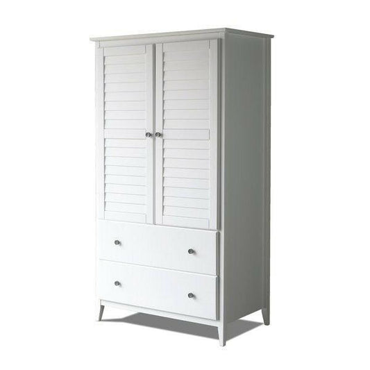 FarmHome Louvered Distressed White Solid Pine Armoire - FurniFindUSA