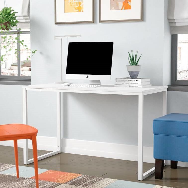 Modern Home Office Desk with White Metal Frame and Wood Top - FurniFindUSA