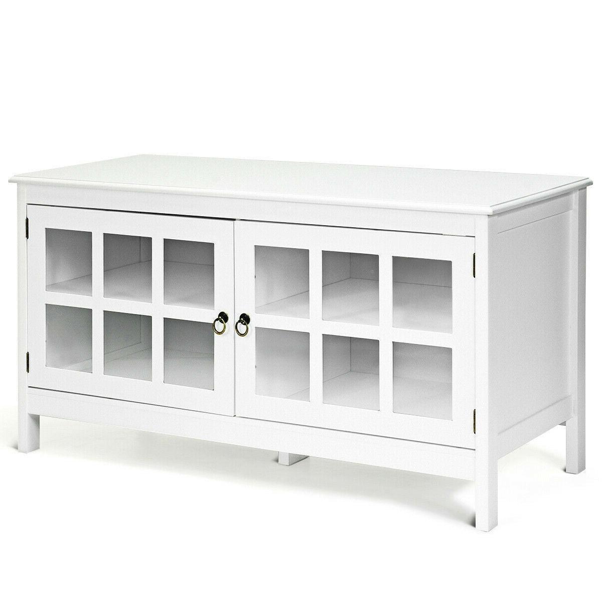 White Wood Entertainment Center TV Stand with Glass Panel Doors - FurniFindUSA