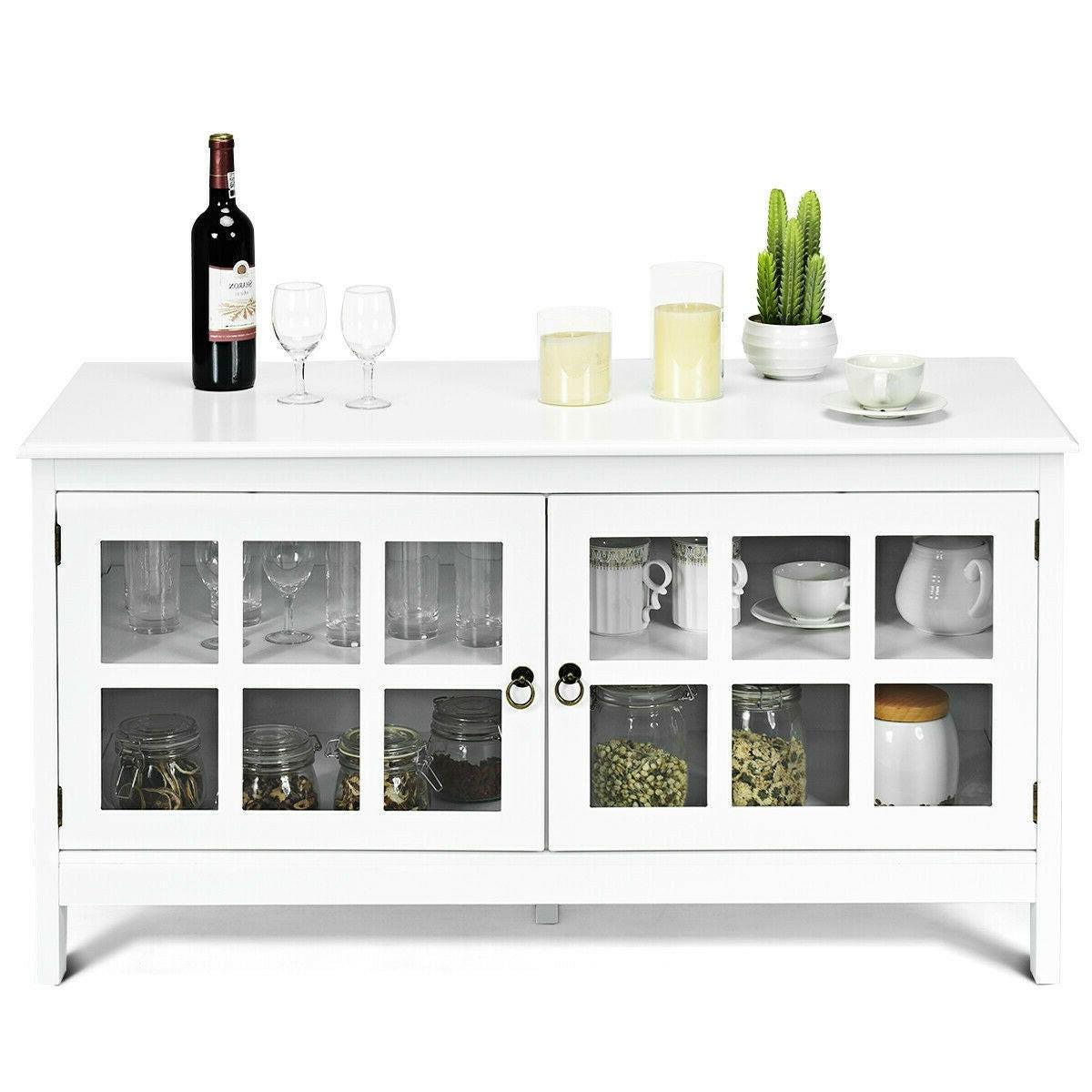 White Wood Entertainment Center TV Stand with Glass Panel Doors - FurniFindUSA