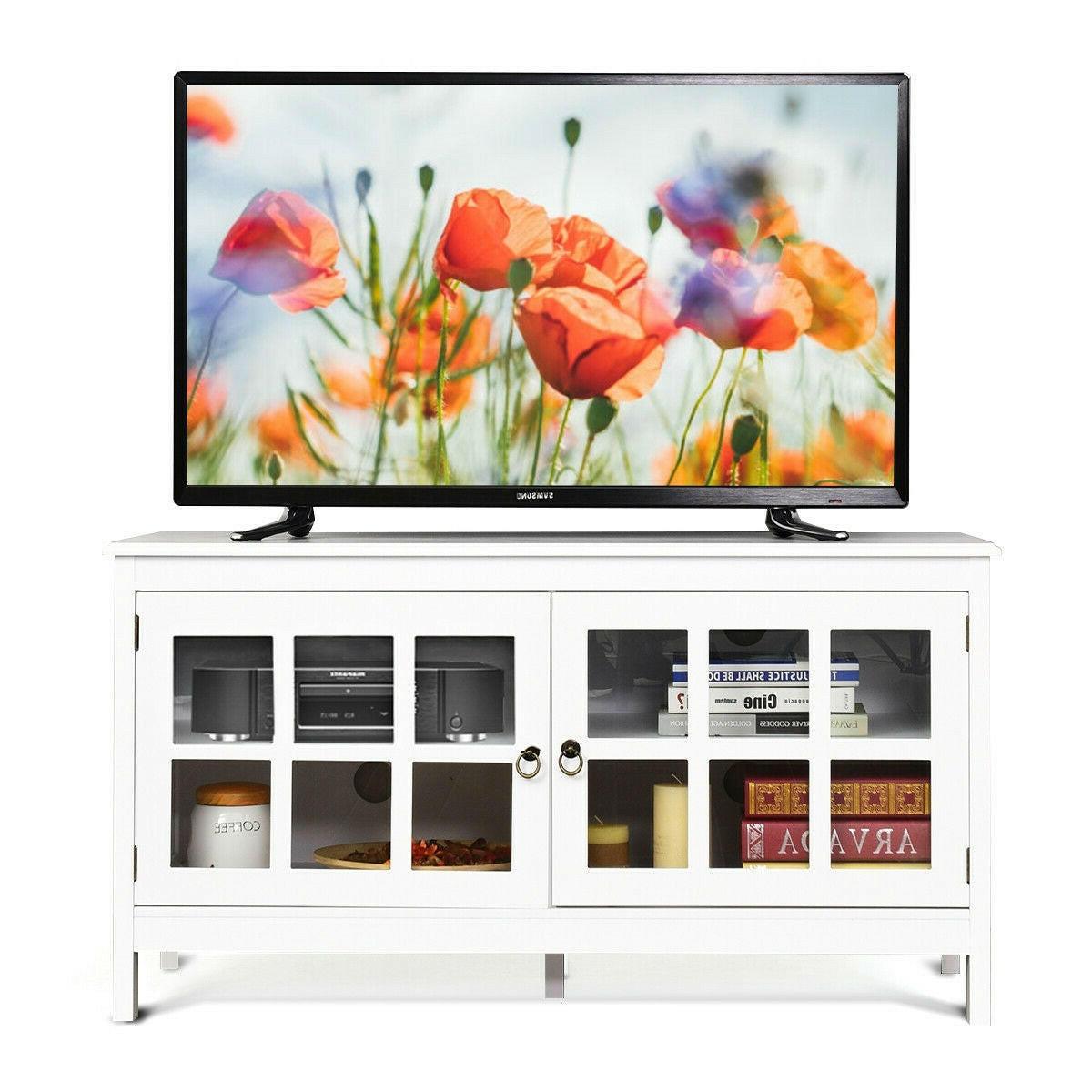 White Wood Entertainment Center TV Stand with Glass Panel Doors - FurniFindUSA