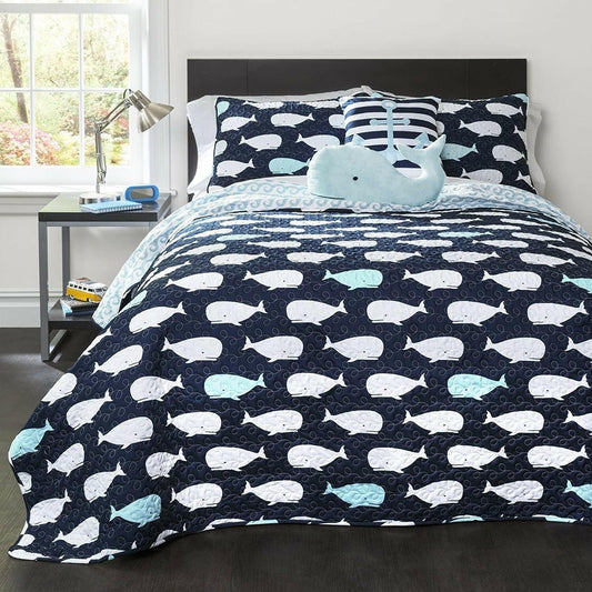 Full/Queen 5 Piece Bed In A Bag Navy Teal Microfiber Waves Whales Quilt Set - FurniFindUSA