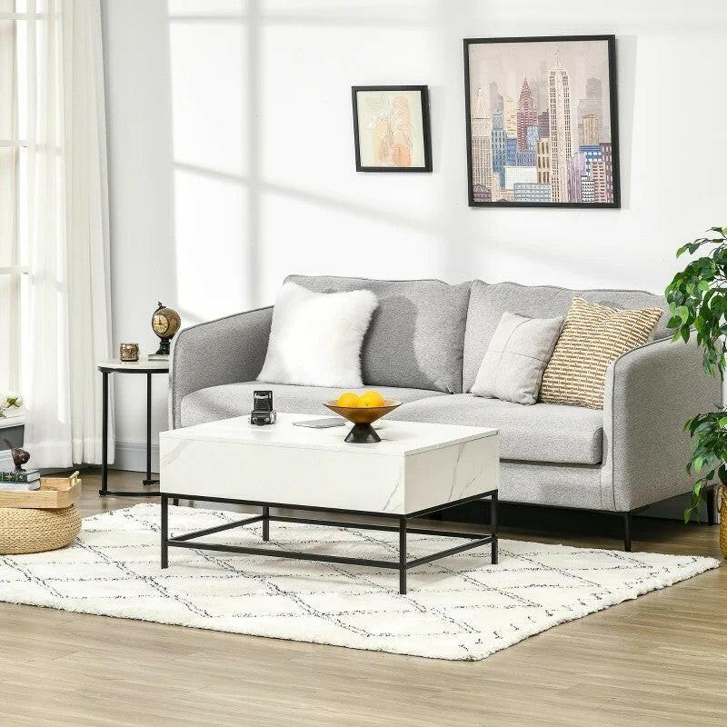 Modern White Lift Top Coffee Table w/ Hidden Storage Black Metal Legs - FurniFindUSA