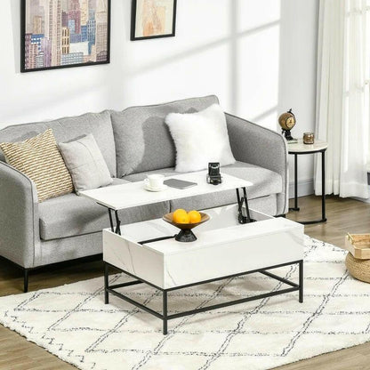 Modern White Lift Top Coffee Table w/ Hidden Storage Black Metal Legs - FurniFindUSA