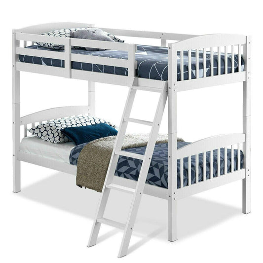 Twin over Twin Wooden Bunk Bed with Ladder in White Wood Finish - FurniFindUSA