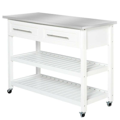 White Rolling Kitchen Island 2 Drawers Storage with Stainless Steel Top - FurniFindUSA