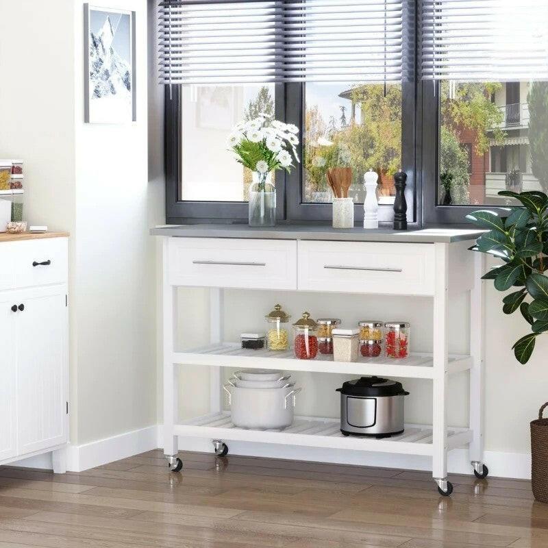 White Rolling Kitchen Island 2 Drawers Storage with Stainless Steel Top - FurniFindUSA