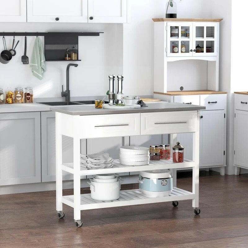 White Rolling Kitchen Island 2 Drawers Storage with Stainless Steel Top - FurniFindUSA