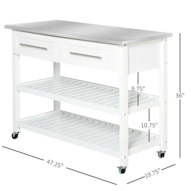 White Rolling Kitchen Island 2 Drawers Storage with Stainless Steel Top - FurniFindUSA